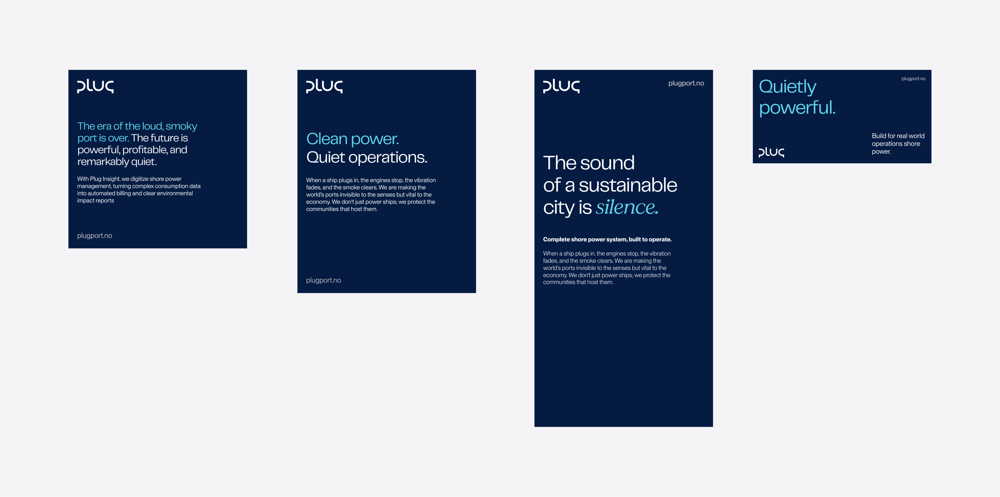 Four dark blue informational panels with white and light blue text promoting quiet, clean, and sustainable shore power by Plugport.