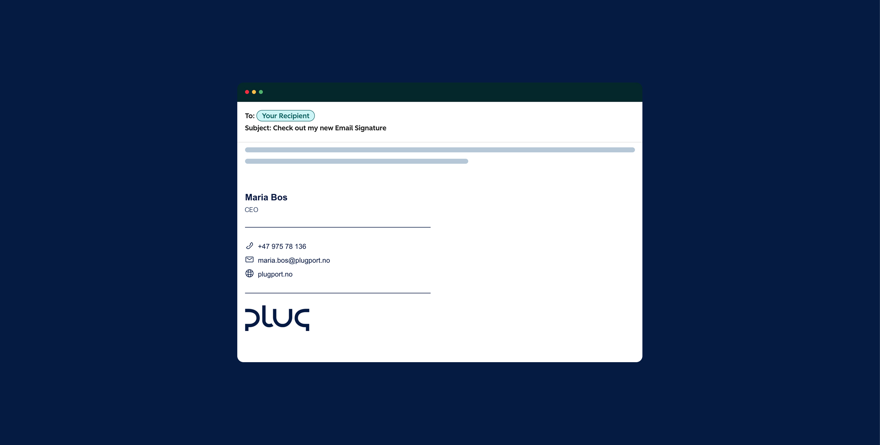 Email window showing a new email signature for Maria Bos, CEO, including phone number, email, website, and Plug logo.