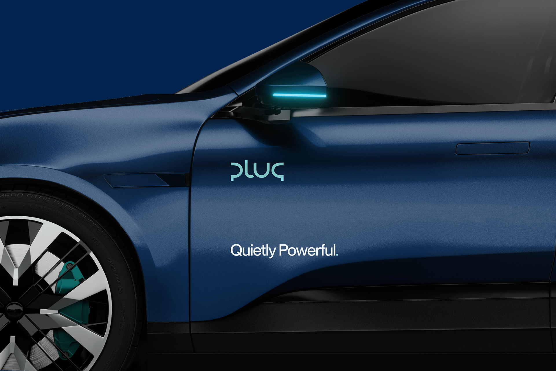 Side view of a dark blue electric car door with illuminated side mirror and text reading 'plug' and 'Quietly Powerful.'