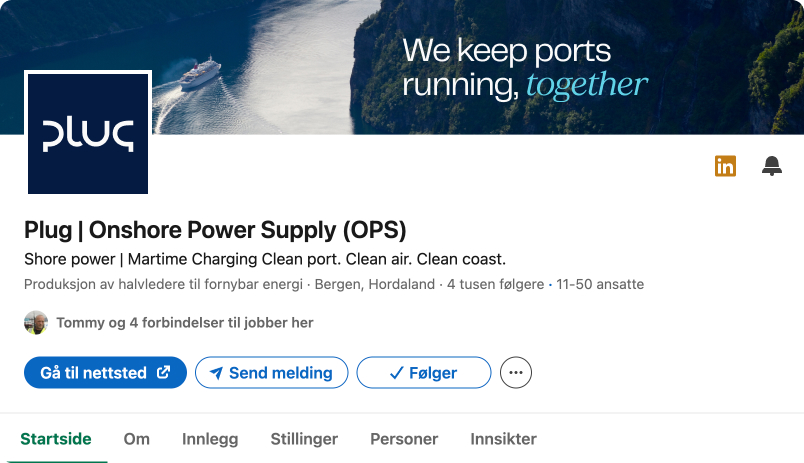 Company profile banner with a ship moving through a waterway surrounded by rocky cliffs, text reads 'We keep ports running, together'; company logo and description found below.