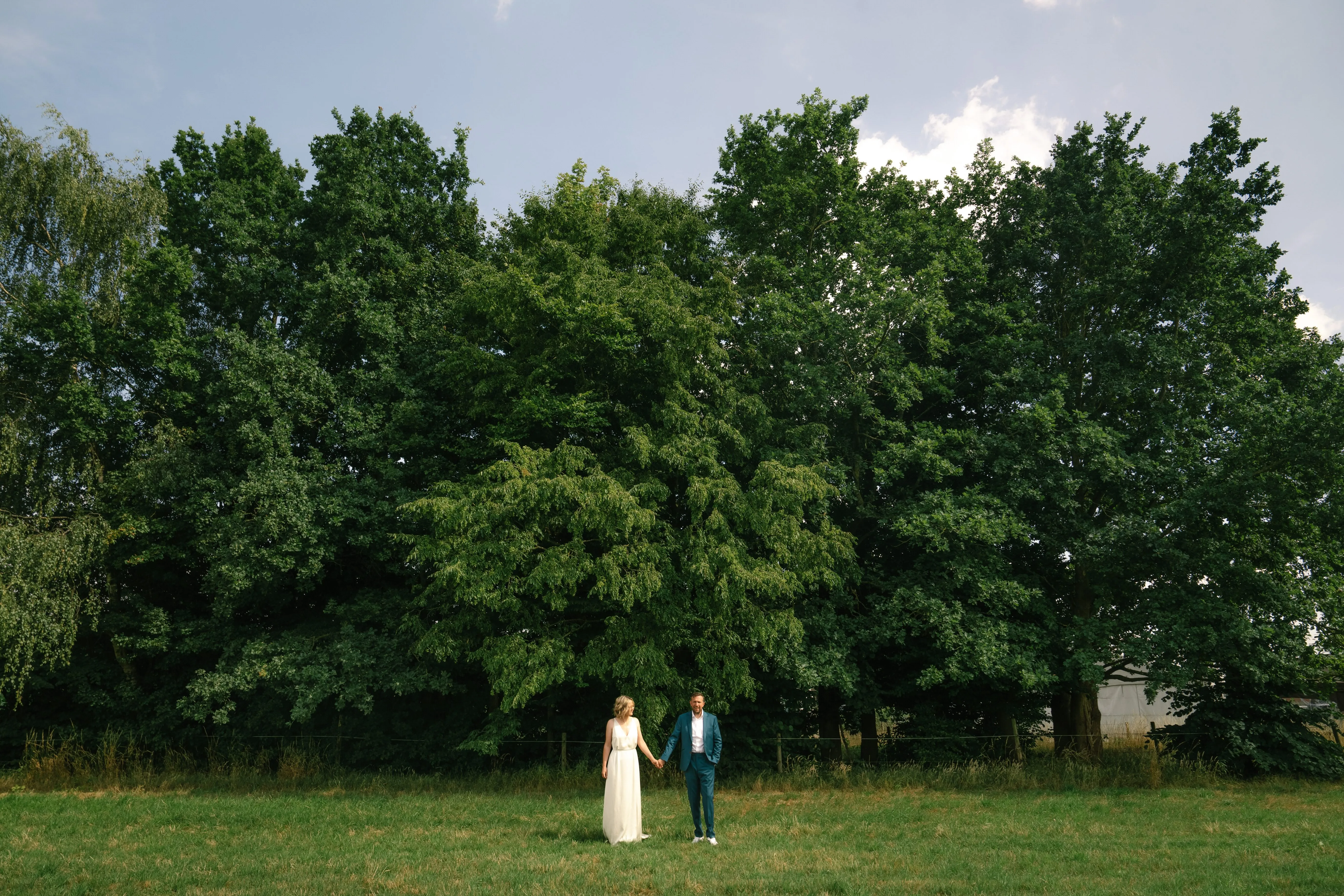 Couple holding hands standing on grassy field in front of dense green trees under a partly cloudy sky.