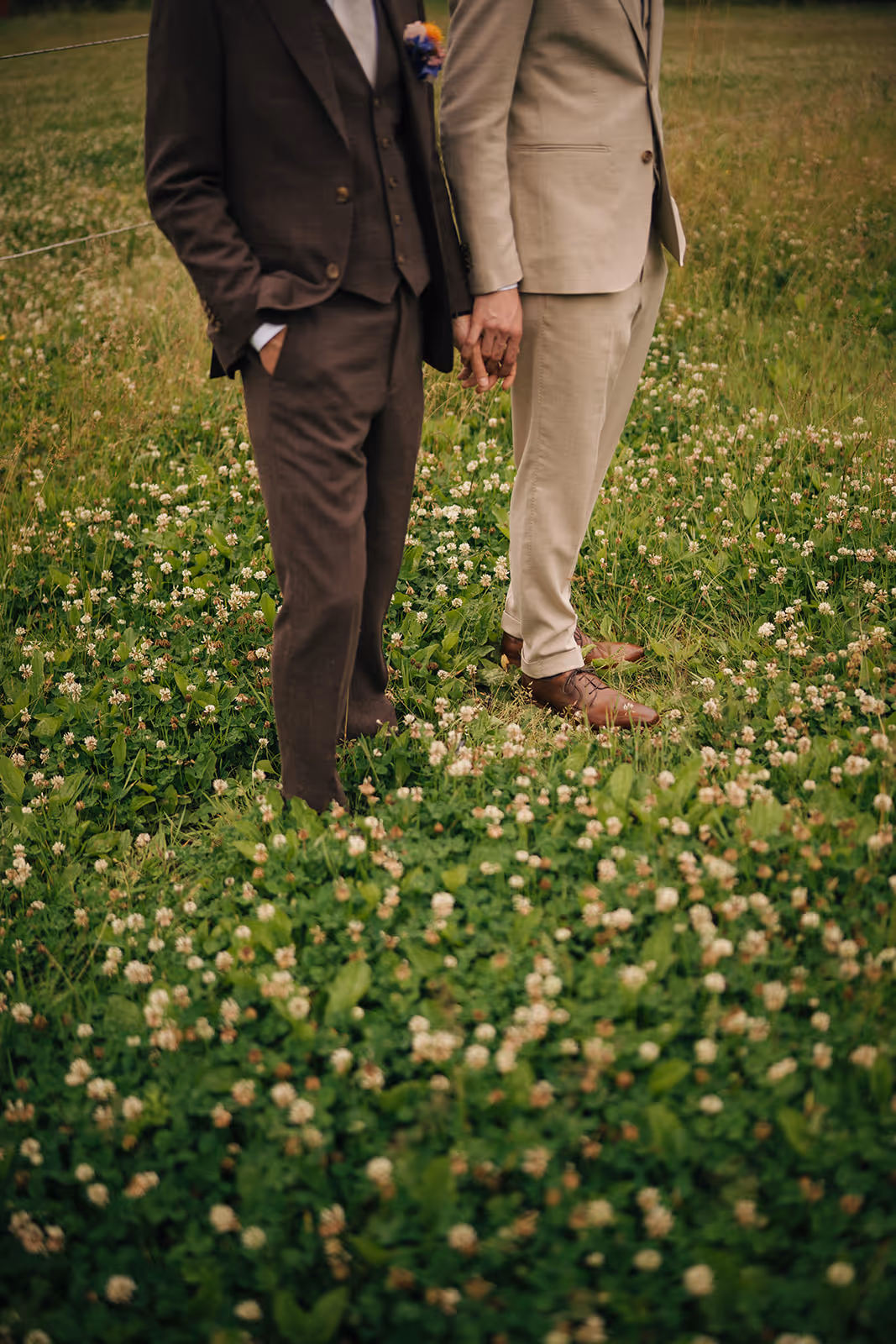 Two men holding hands standing on a grassy field with white clover flowers, dressed in brown and beige suits.