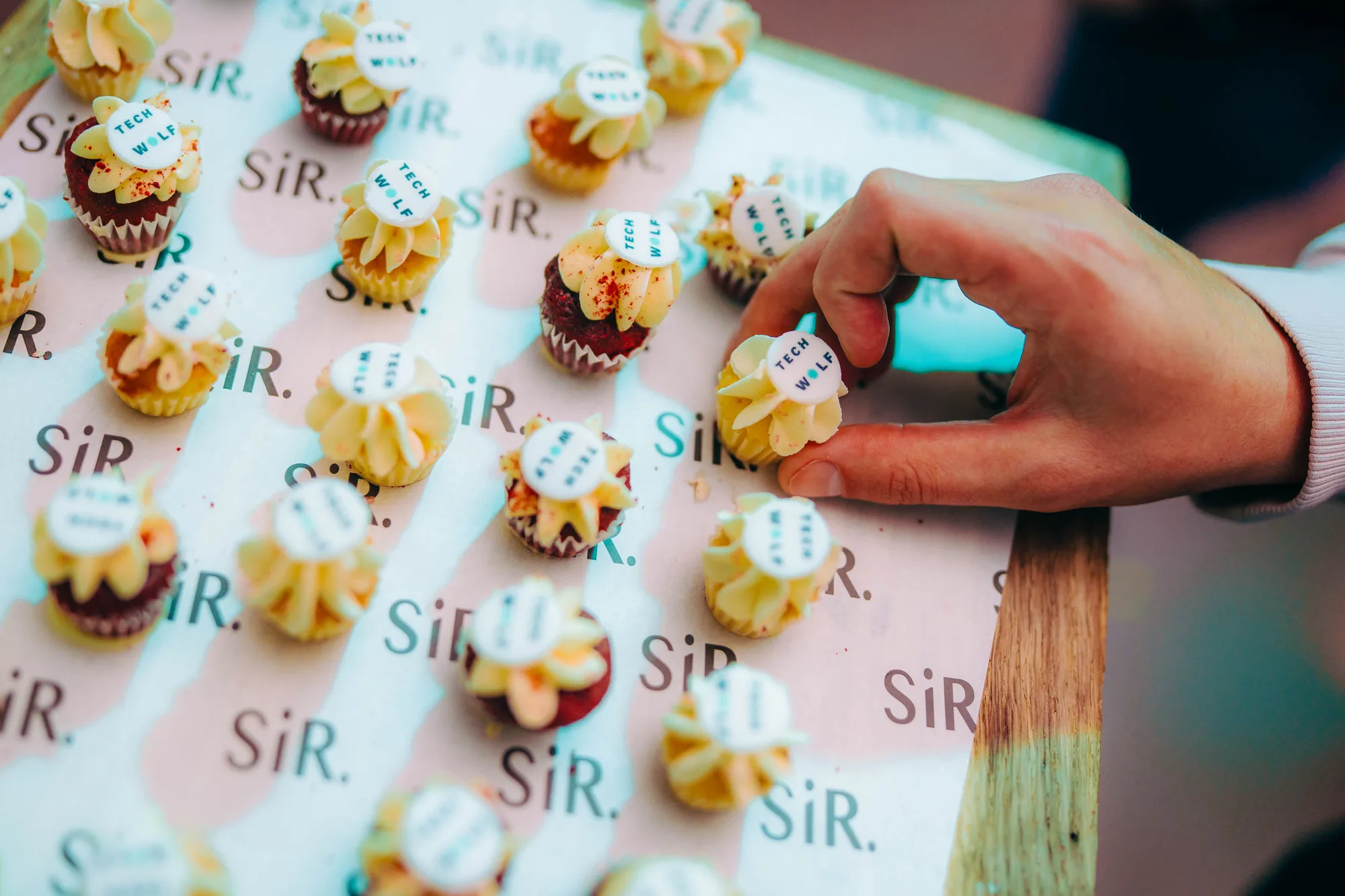 Hand picking up a mini cupcake with white frosting topped with a round edible decoration labeled TECH WOLF, surrounded by similar cupcakes on a surface printed with the text SiR.