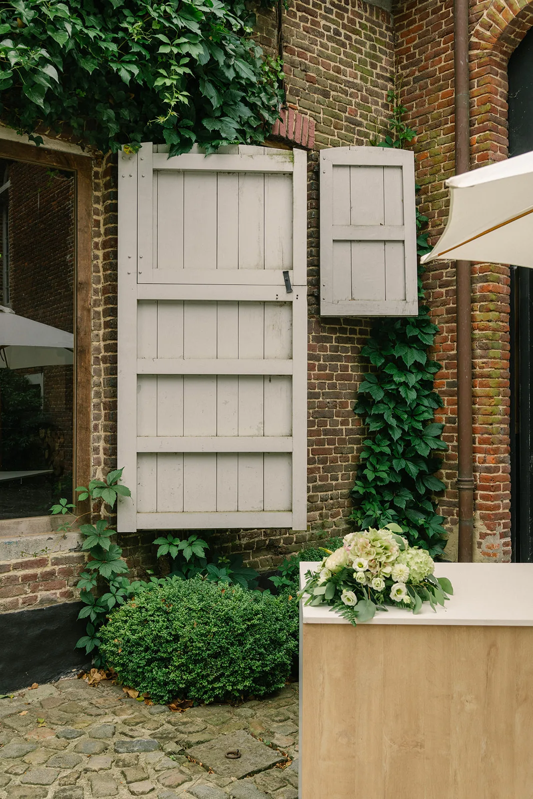Outdoor scene with a brick wall featuring white wooden shutters, green leafy vines, a bush, and a bouquet of white flowers on a wooden table.