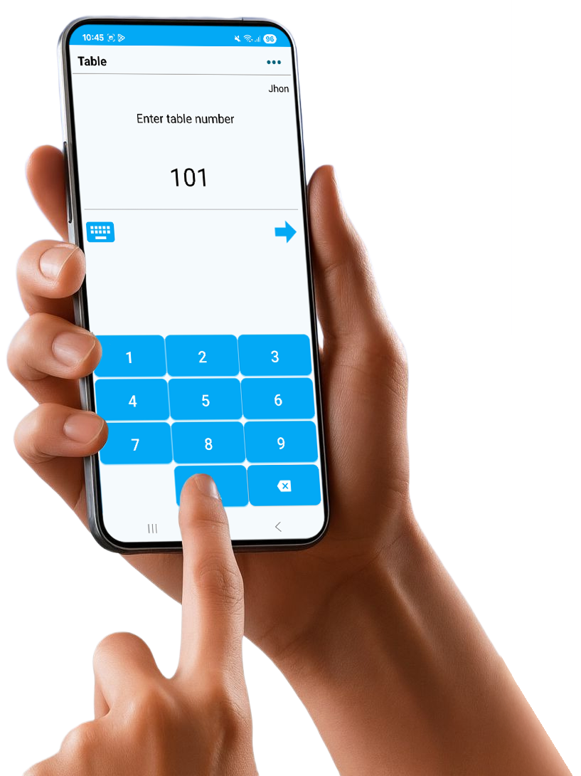 A hand holds a smartphone where the table number is entered