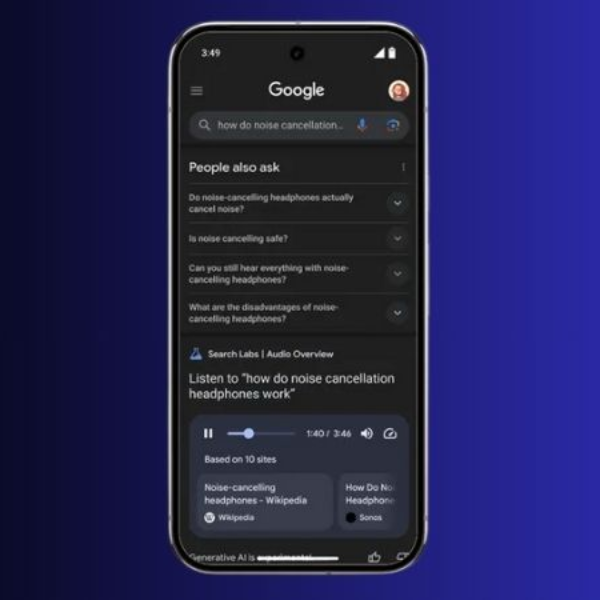Interfaz de Google NotebookLM mostrando la función Audio Overviews para la generación de resúmenes de audio con IA, analizada por LFI.