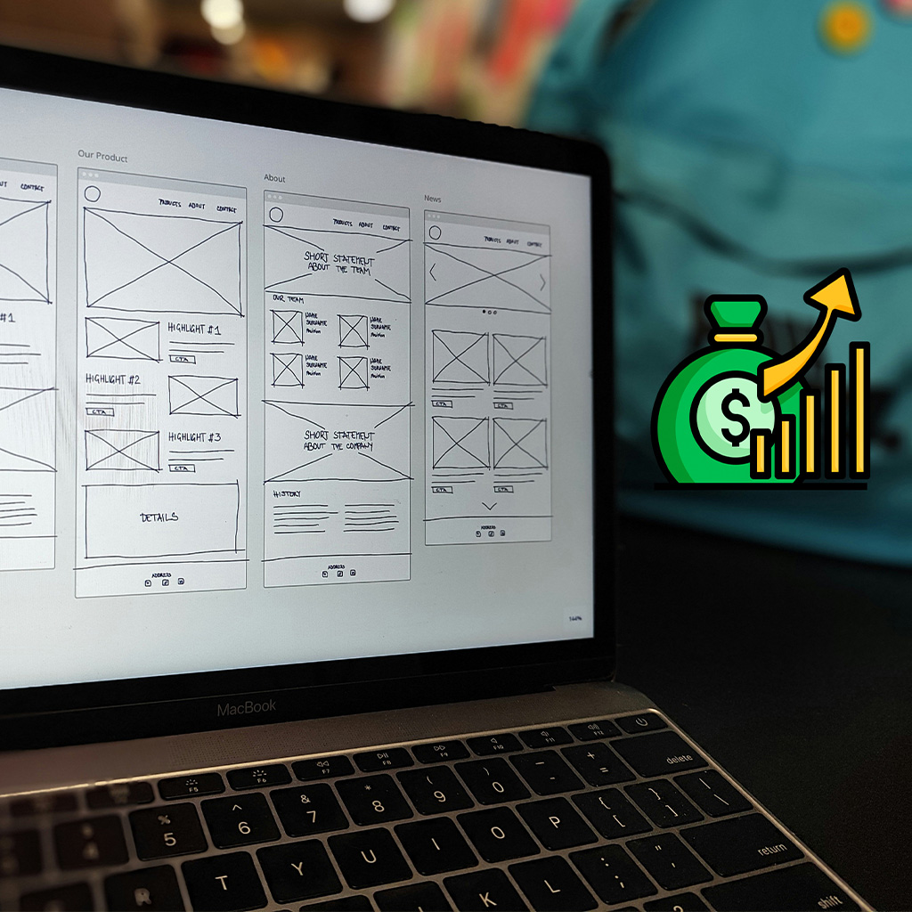 Wireframes en un computador ilustrando el UX para la generación de conversiones, estrategias rentables desarrolladas por LFI.