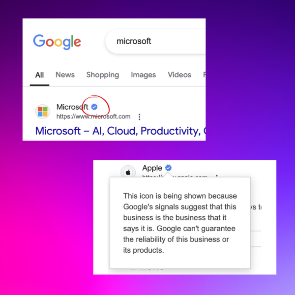 Sellos azules de verificación de sitios web en Google, validando la autoridad que LFI asegura para sus clientes.