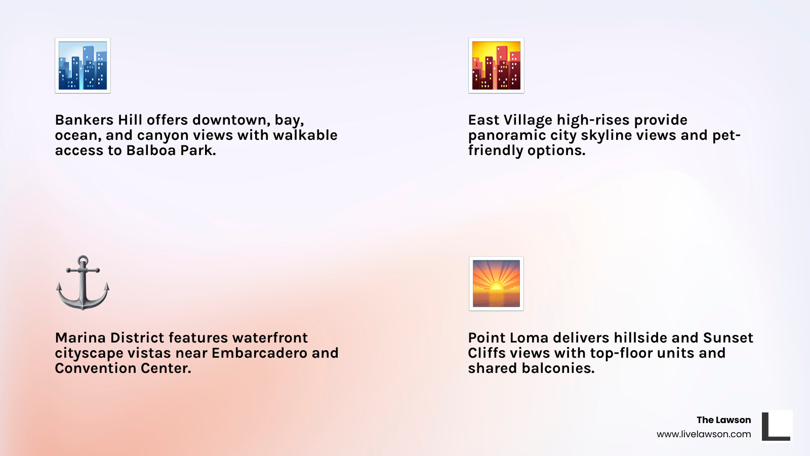 Types of apartment views available in San Diego by neighborhood and view category - 1 bedroom apartments with views san