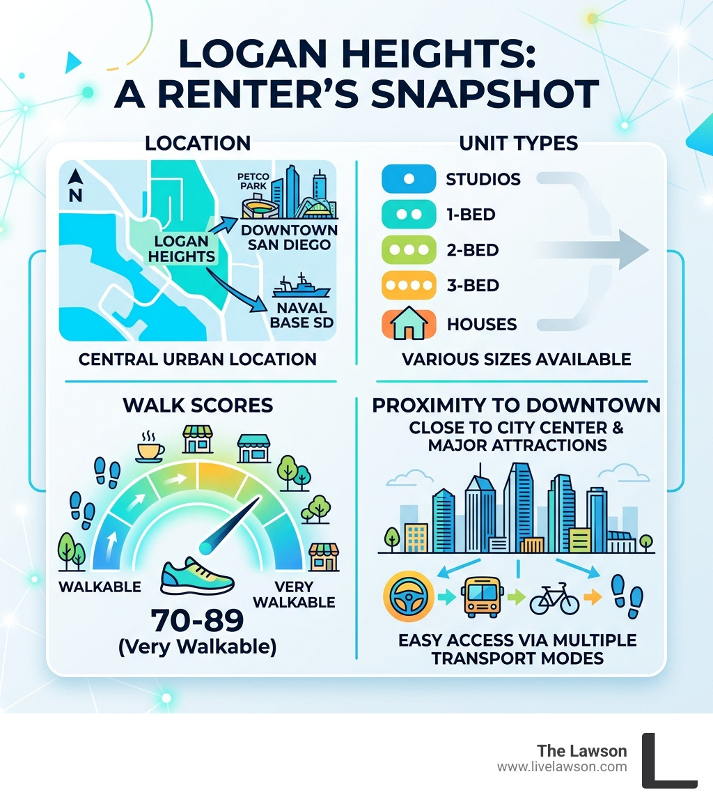 Logan Heights location, unit types, walk scores, and proximity to Downtown San Diego infographic - apartments for rent in