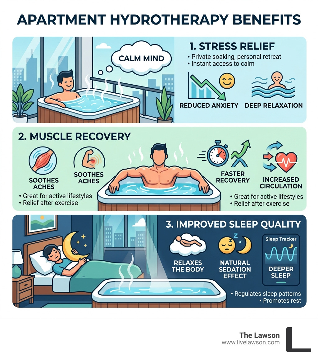 Infographic showing benefits of hydrotherapy in residential apartment settings including stress relief, muscle recovery, and