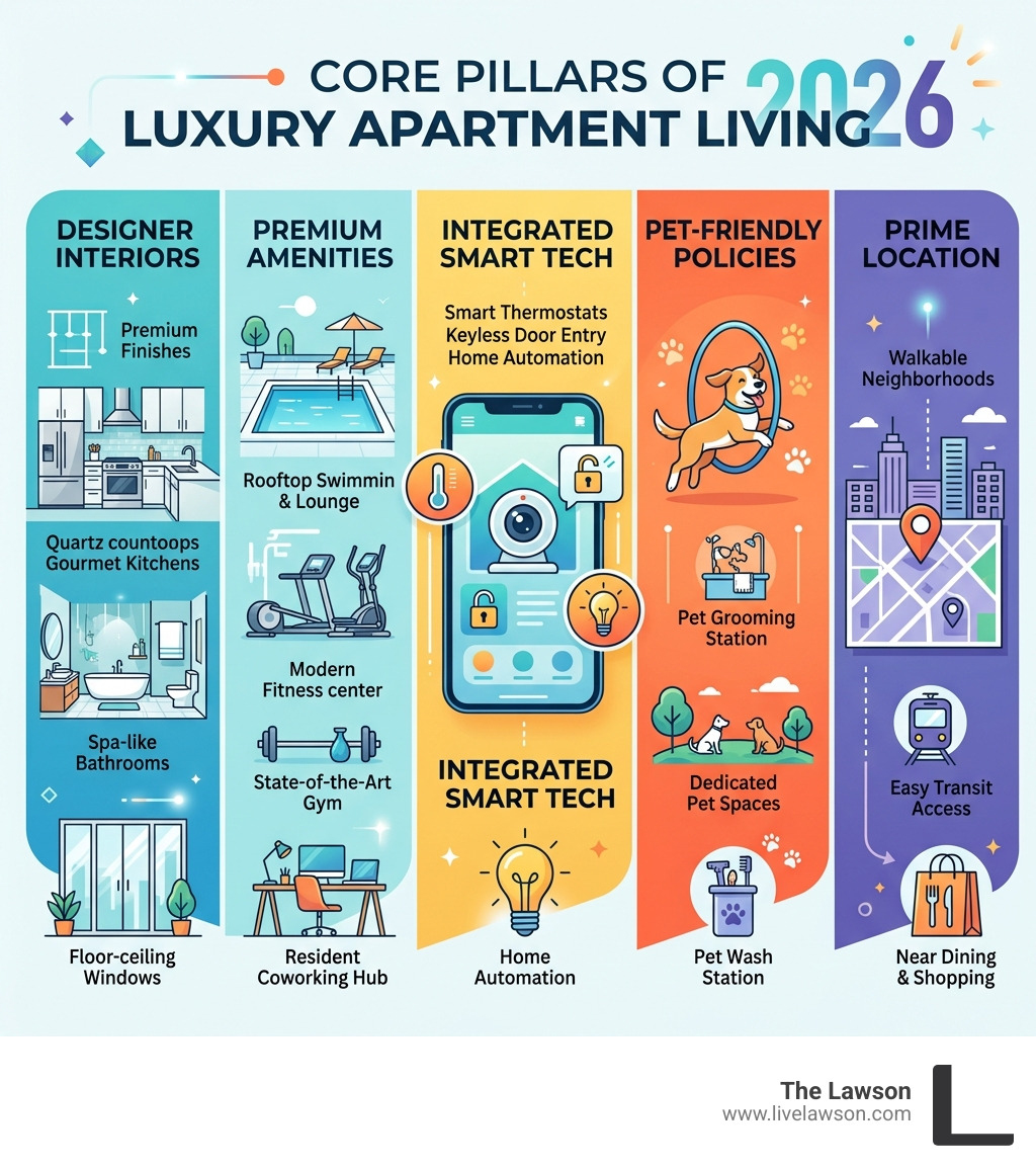 Core pillars of luxury apartment living in 2026: interiors, amenities, smart tech, pet policies, location - luxury