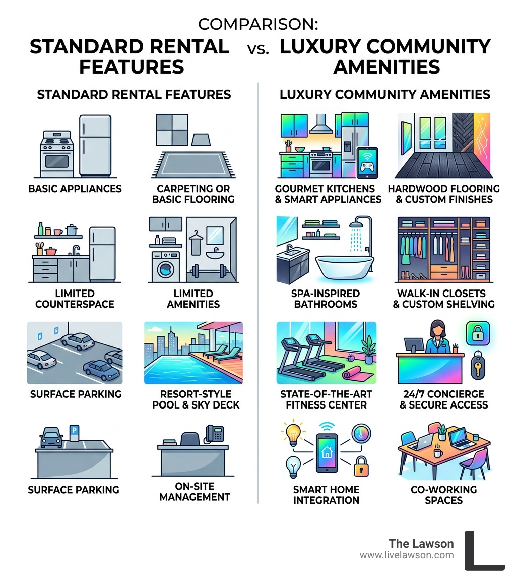 Comparison of standard rental features vs. luxury community amenities - luxury apartments near me infographic 