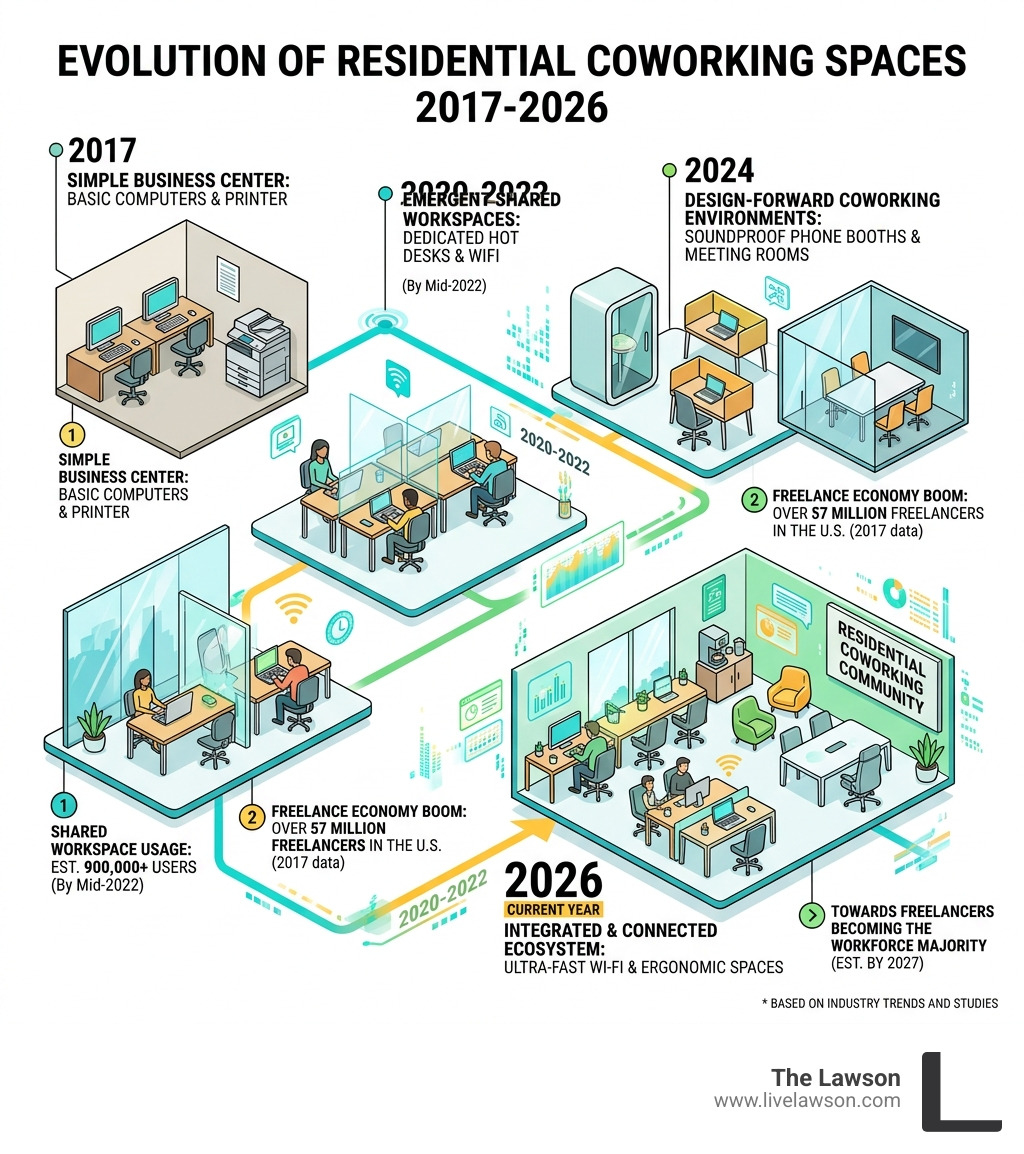 Evolution of residential coworking spaces from 2017 to 2026, showing key milestones and feature growth - apartments with