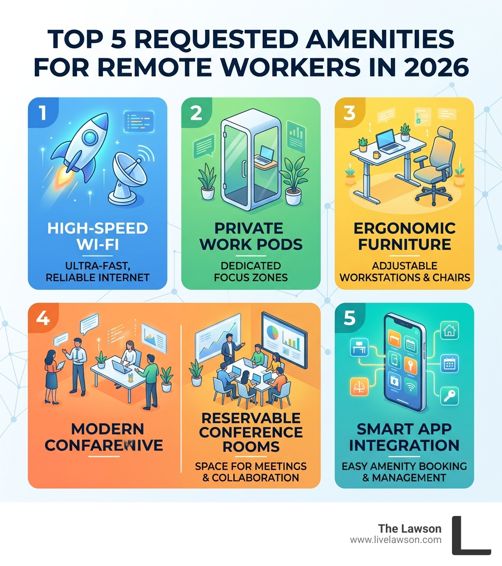 Infographic showing the top 5 requested amenities for remote workers in 2026, including high-speed Wi-Fi and private pods
