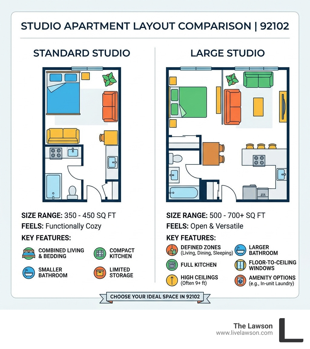 infographic showing standard vs large studio apartment layouts in 92102 with size ranges and key features - large studio