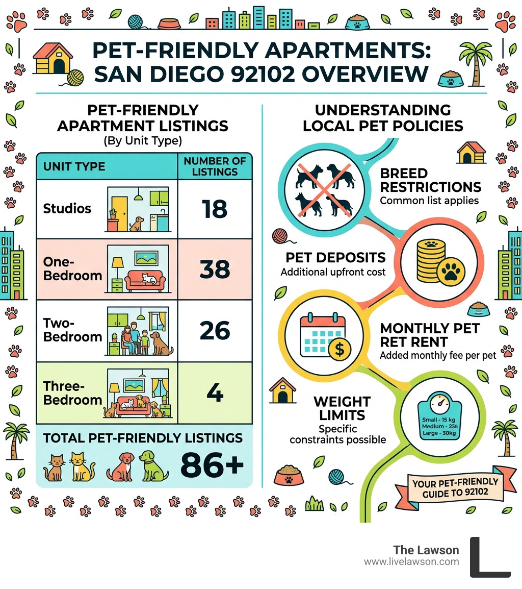 Infographic showing pet-friendly apartment statistics and pet policy breakdown in San Diego 92102 - pet friendly apartments