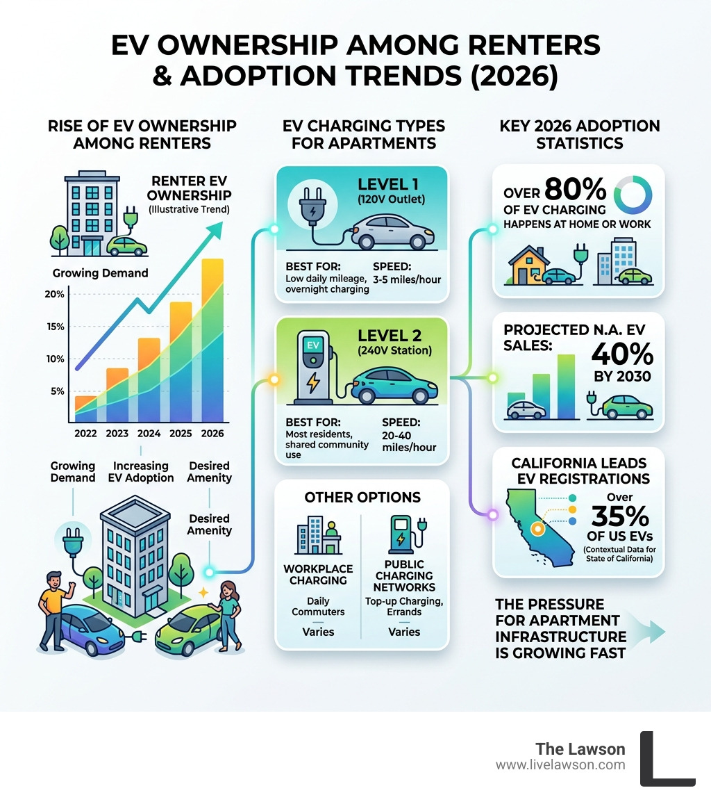 Infographic showing rise of EV ownership among renters, charging types, and key 2026 adoption statistics - EV charging