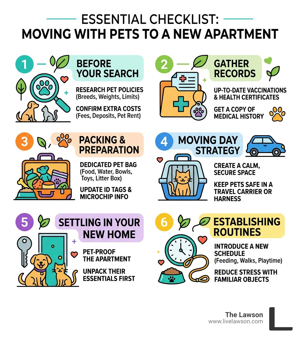 Essential checklist infographic for moving with pets to a new apartment - apartments that allow pets near me infographic 