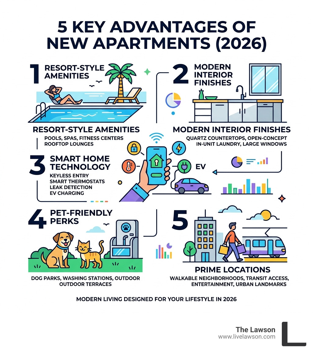Infographic showing 5 key advantages of newly constructed rental apartments in 2026 - new apartments infographic Infographic showing 5 key advantages of newly constructed rental apartments in 2026 - new apartments infographic