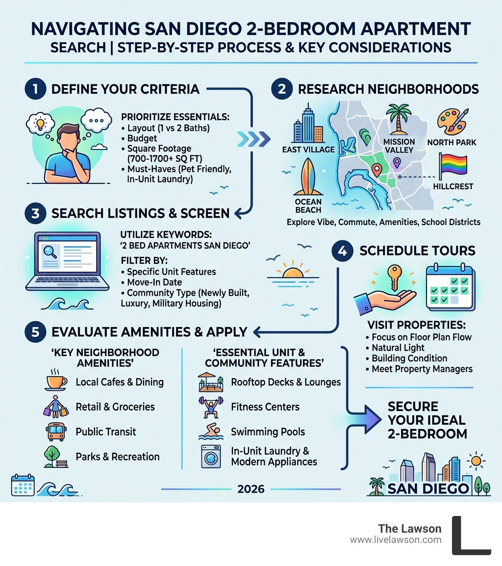 San Diego 2 bedroom apartment search process infographic with neighborhoods amenities and unit features - 2 bedroom San Diego 2 bedroom apartment search process infographic with neighborhoods amenities and unit features - 2 bedroom