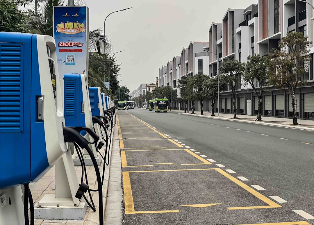 Electric vehicle charging stations in a modern urban setting - Electric vehicle charging stations