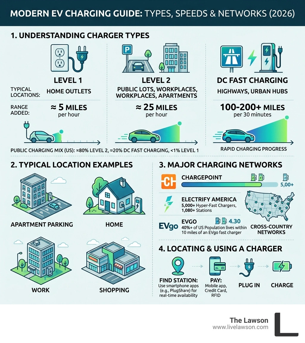 Infographic showing EV charging types, speeds, major networks, and how to locate a charger - Electric vehicle charging Infographic showing EV charging types, speeds, major networks, and how to locate a charger - Electric vehicle charging
