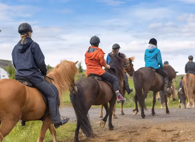 A group of riders enjoying a guided horseback excursion through the lush landscapes near The Swiftwater Hotel, showcasing the outdoor activities available for guests.