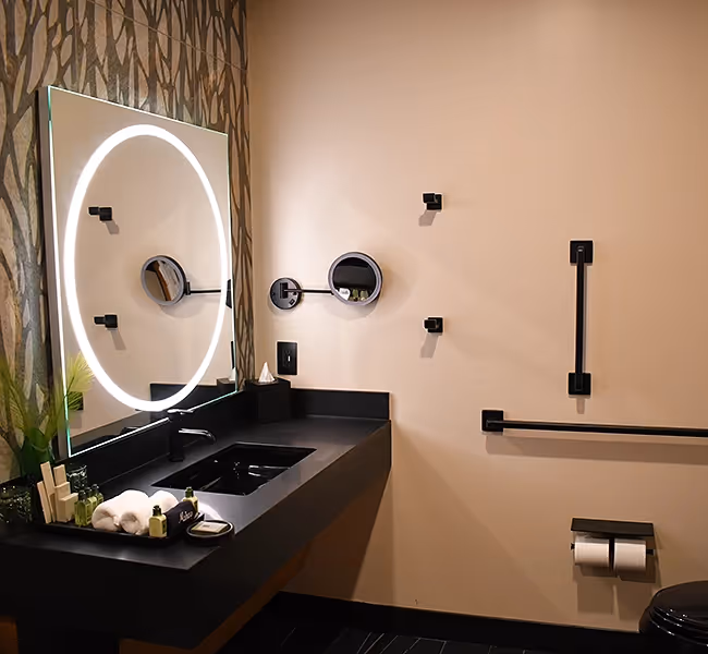 ADA-compliant bathroom section at The Swiftwater showing a sleek black toilet, matte black grab bars, and minimalist modern design.
