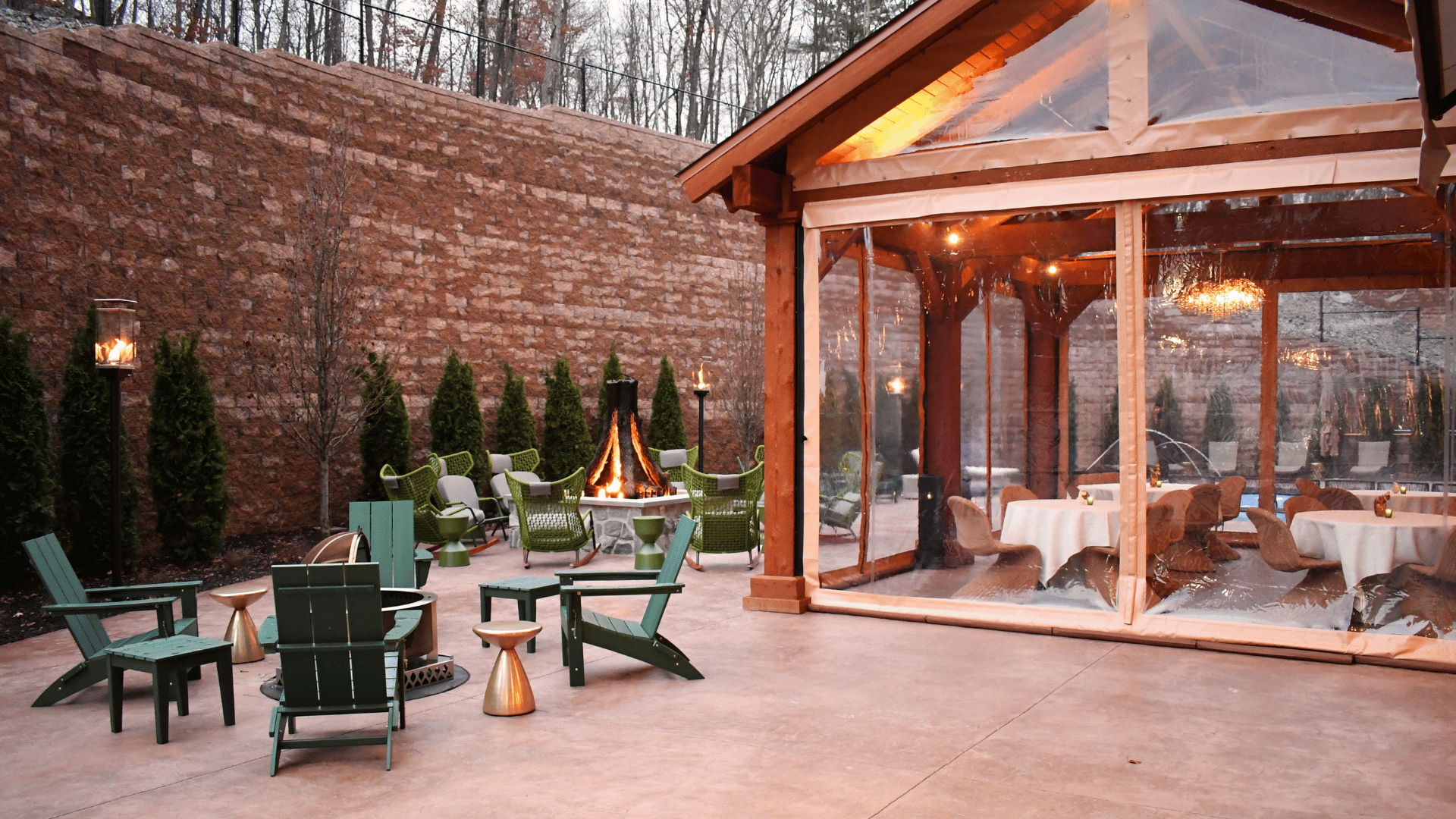 Refined indoor terrace at Swiftwater Hotel with comfortable seating, contemporary design, and a warm atmosphere in the heart of the Pocono Mountains.