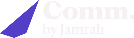 شعار Comm by Jamrah مع شكل مثلث أزرق مائل إلى اليسار.