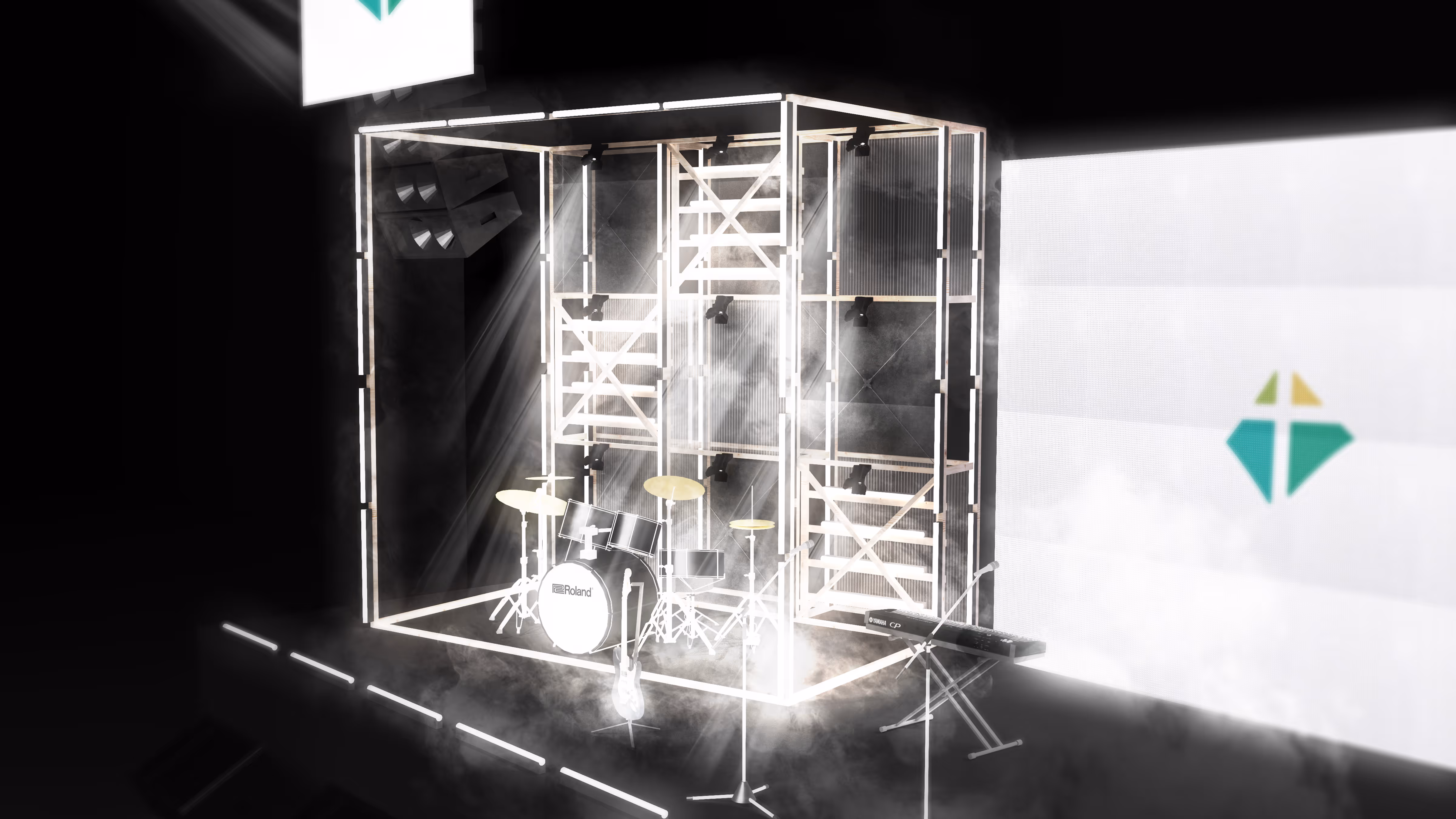 Visualisierung des Würfel aus Dachlatten mit Scheinwerfer. Im Würfel steht ein Schlagzeug.