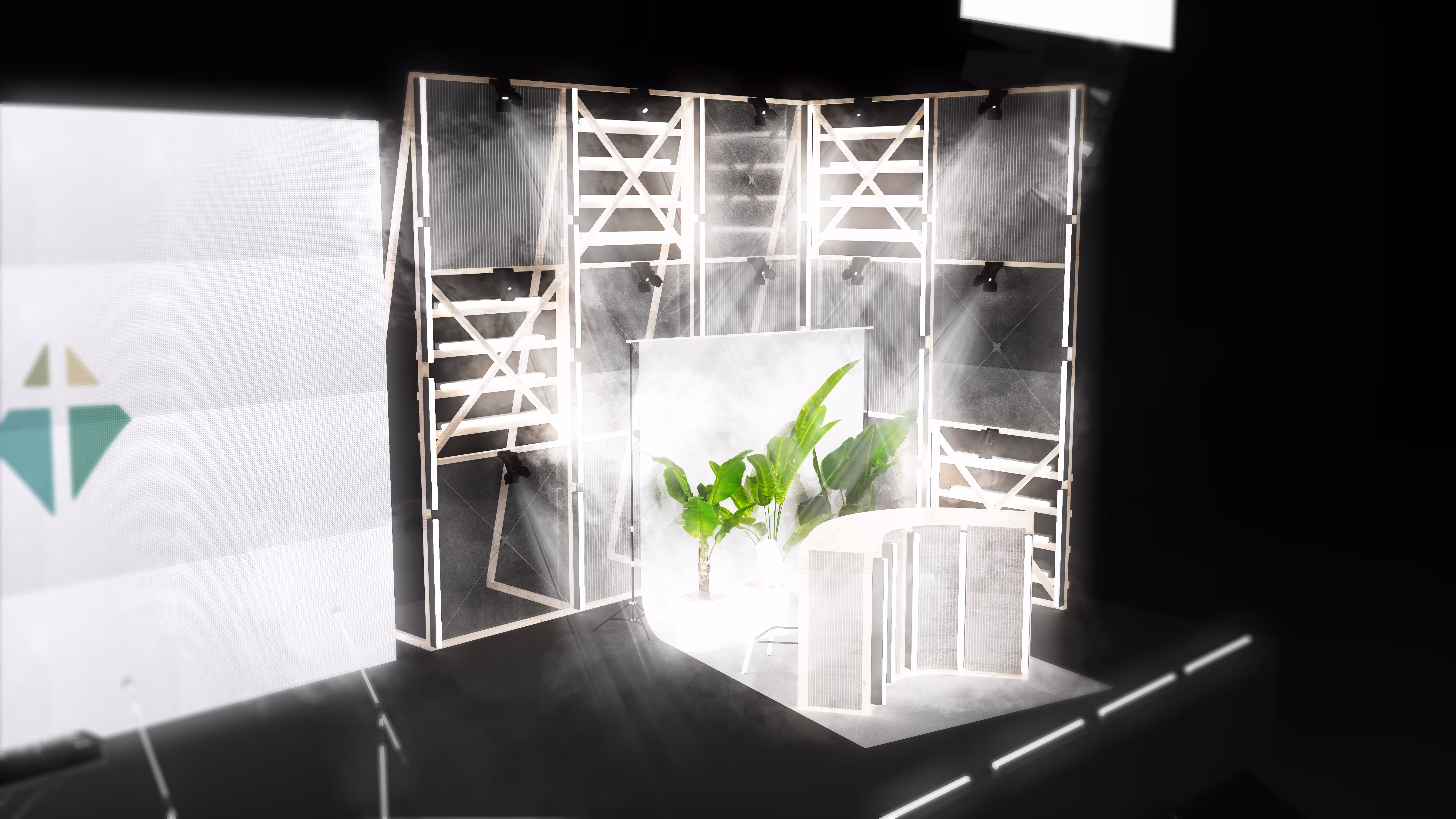 Visualisierung der Rückwand mit Scheinwerfer und einer Bar vorne dran. Es hat Pflanzen hinter der Bar. Die Konstruktion ist aus Holz.