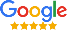 Google logo with a yellow five-star rating below it.