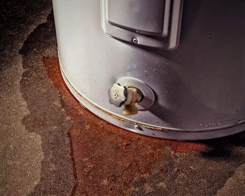 Close-up of a leaking water heater with water pooled around its base on a floor.