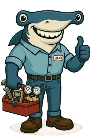 Cartoon hammerhead shark character named Hank wearing a blue work shirt, gloves, and boots, holding a toolbox and giving a thumbs-up.