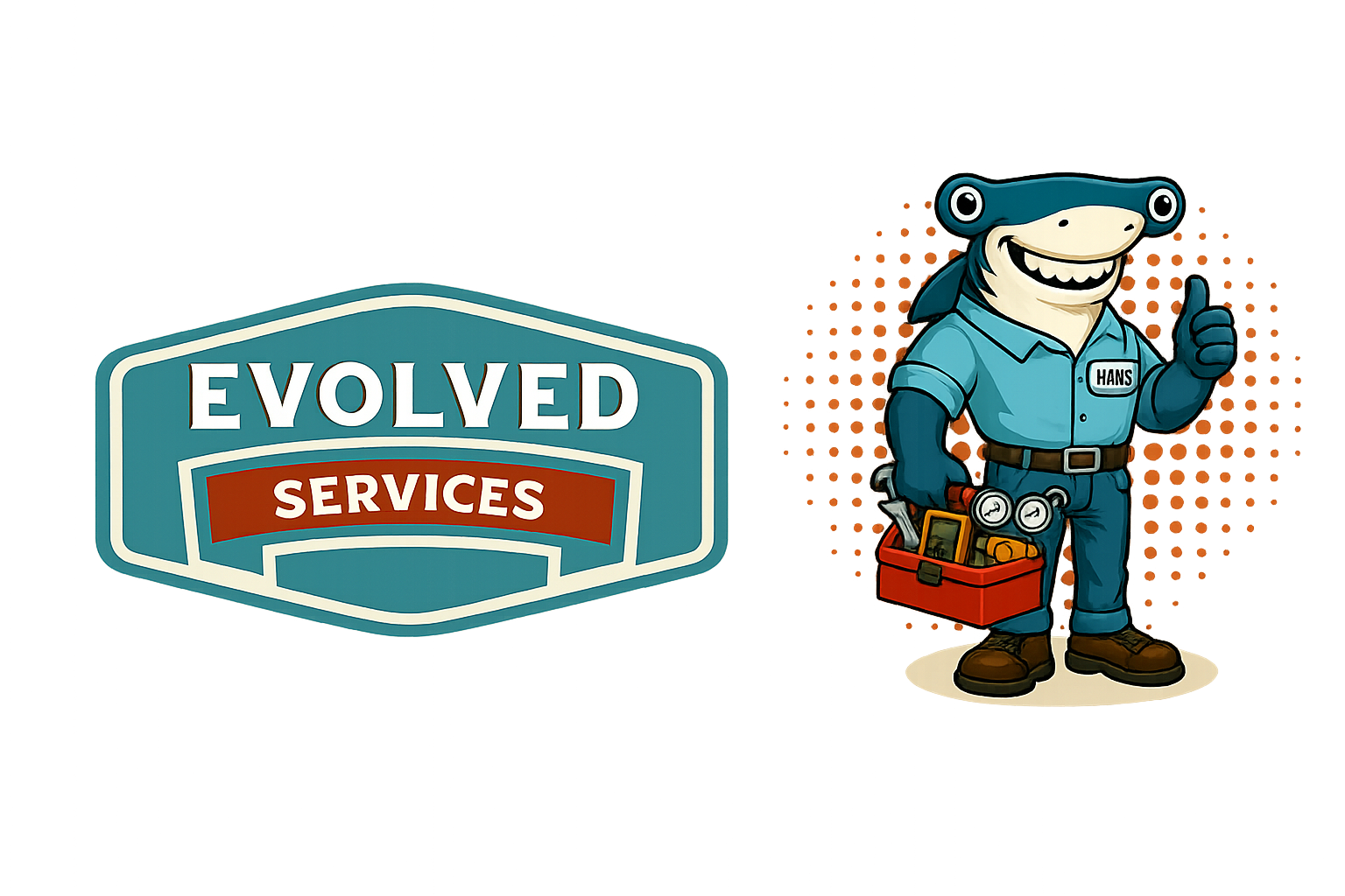 Logo for Evolved Services with a smiling cartoon hammerhead shark mascot in a blue work uniform holding a toolbox and giving a thumbs-up.