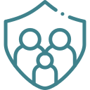Icon of three people inside a shield symbolizing family insurance protection.