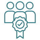 Icon of three people behind a ribbon badge with a checkmark, symbolizing verified experts or certified team.