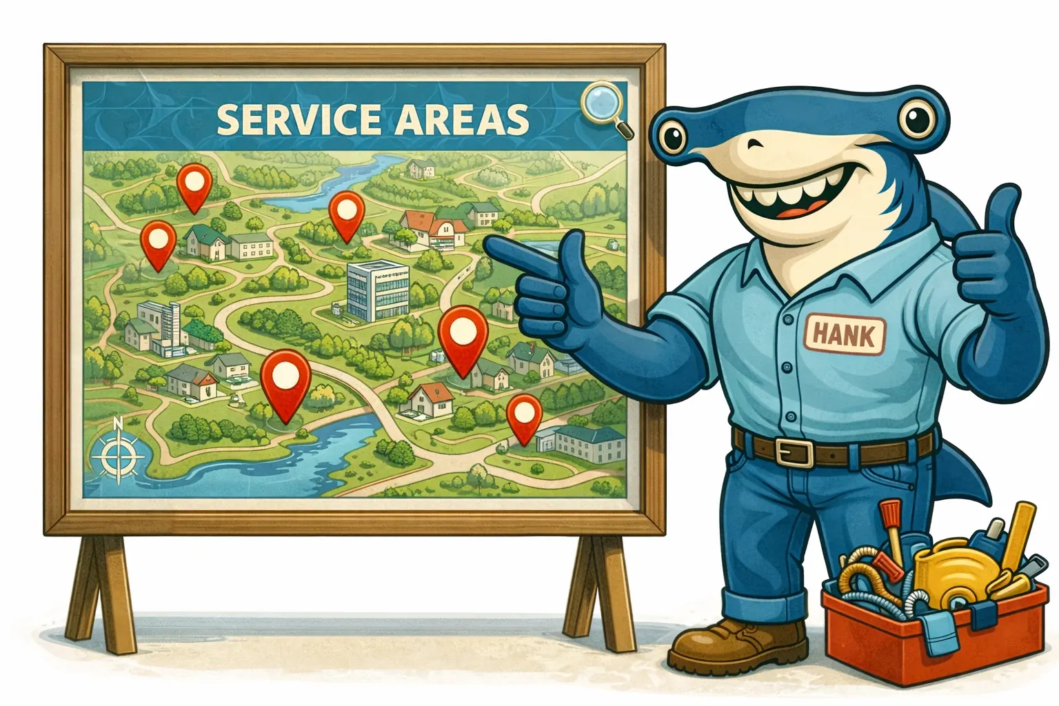 Cartoon hammerhead shark named Hank giving thumbs up and pointing at a framed map labeled SERVICE AREAS with red location pins on various houses and buildings.