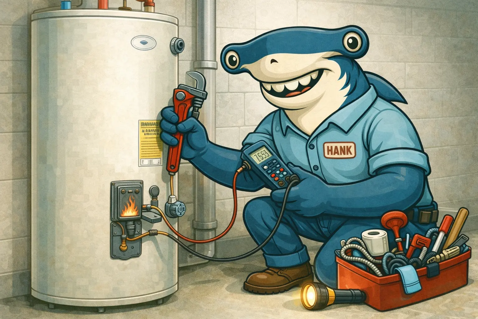 Cartoon hammerhead shark plumber named Hank fixing a water heater with a wrench and multimeter, next to a toolbox and flashlight.