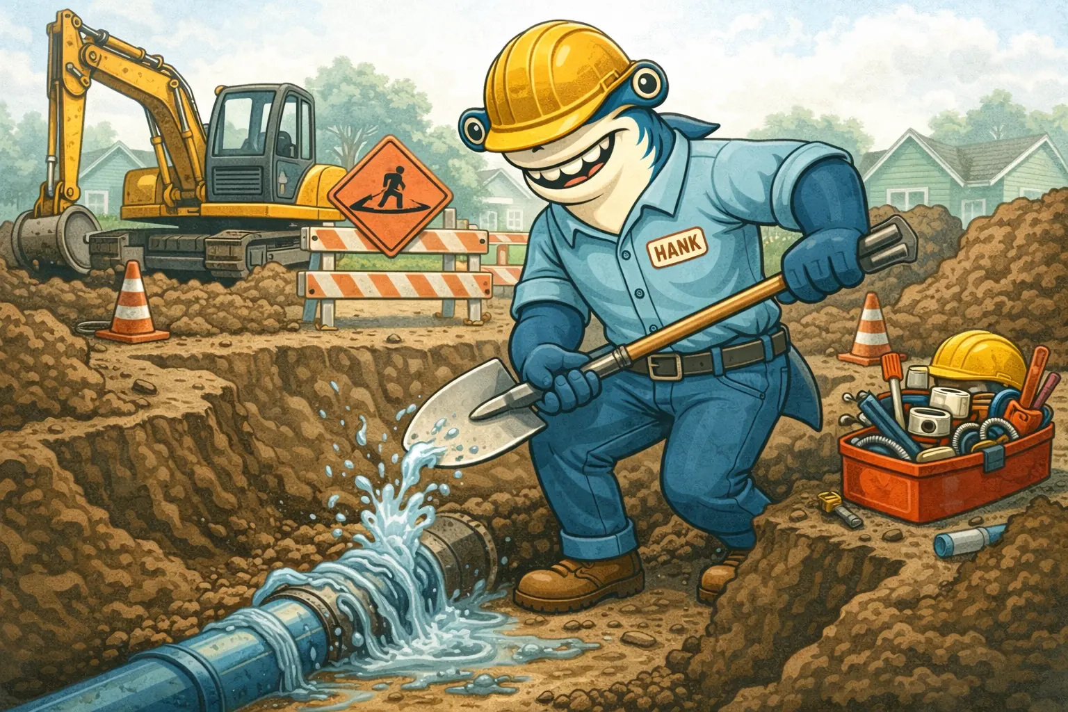 Cartoon shark construction worker named Hank fixing a leaking water pipe at a construction site with an excavator and toolbox nearby.