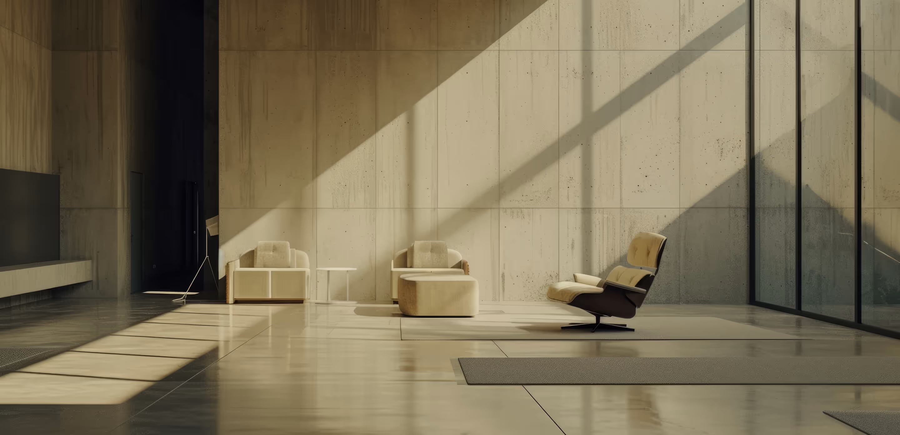 Minimalist living room with beige armchairs, ottoman, and a recliner bathed in sunlight against a concrete wall.
