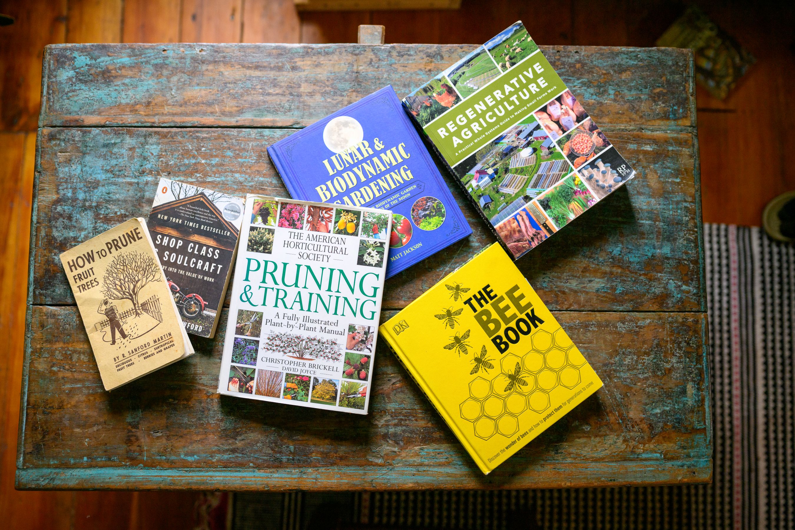 A top-down photograph captures a collection of six books arranged on a rustic, worn wooden table with blue and brown paint. The titles include "How to Prune Fruit Trees" by R. Sanford Martin, "Shop Class as Soulcraft" by Matthew Crawford, "Pruning & Training" by the American Horticultural Society, "Lunar & Biodynamic Gardening" by Matt Jackson, "Regenerative Agriculture" by Richard Perkins, and "The Bee Book" by DK.