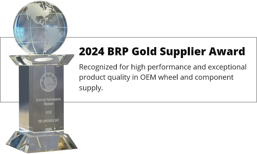 2024 BRP Gold Supplier Award trophy with globe and description of high performance in OEM wheel supply.