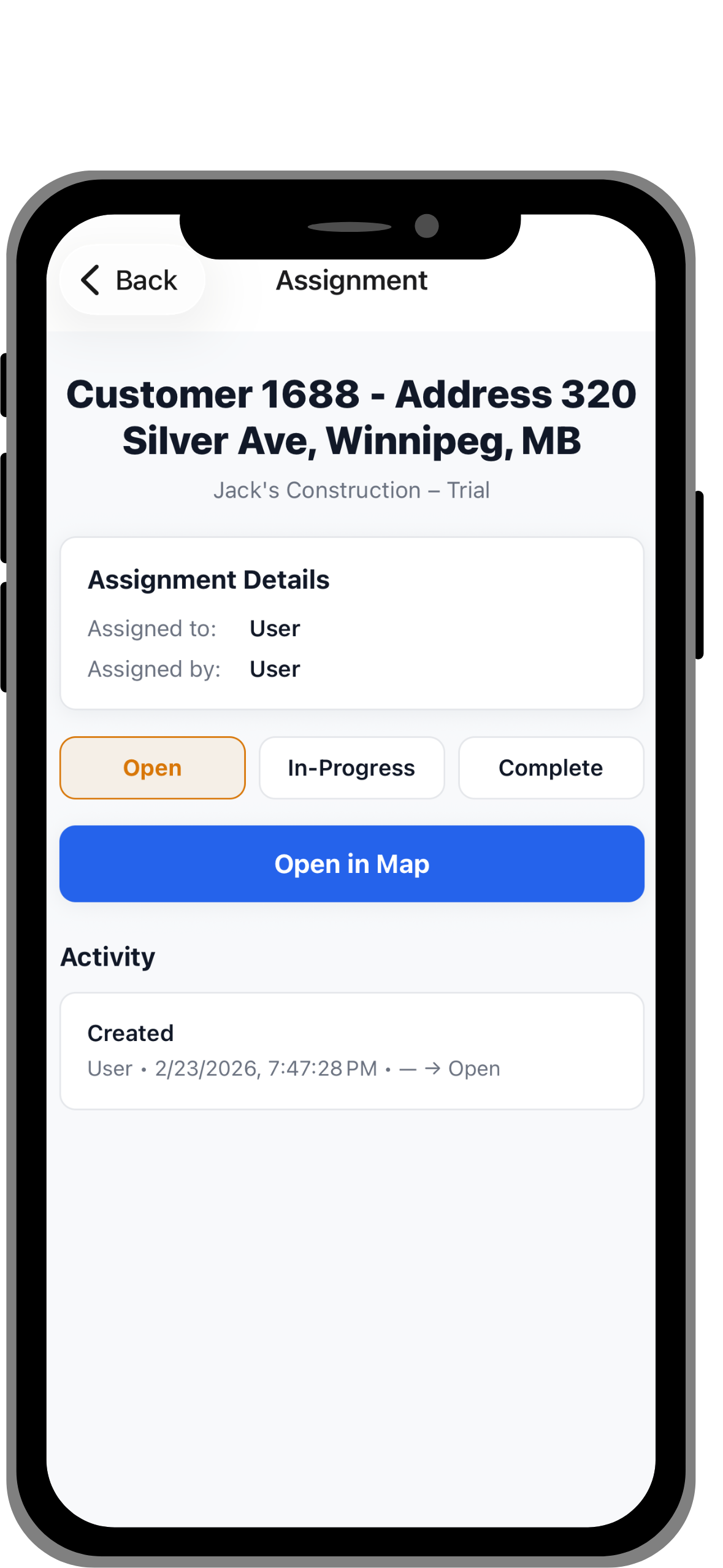 Mobile app screen showing assignment details for Customer 1688 at 320 Silver Ave, Winnipeg, MB with status buttons and an Open in Map option.