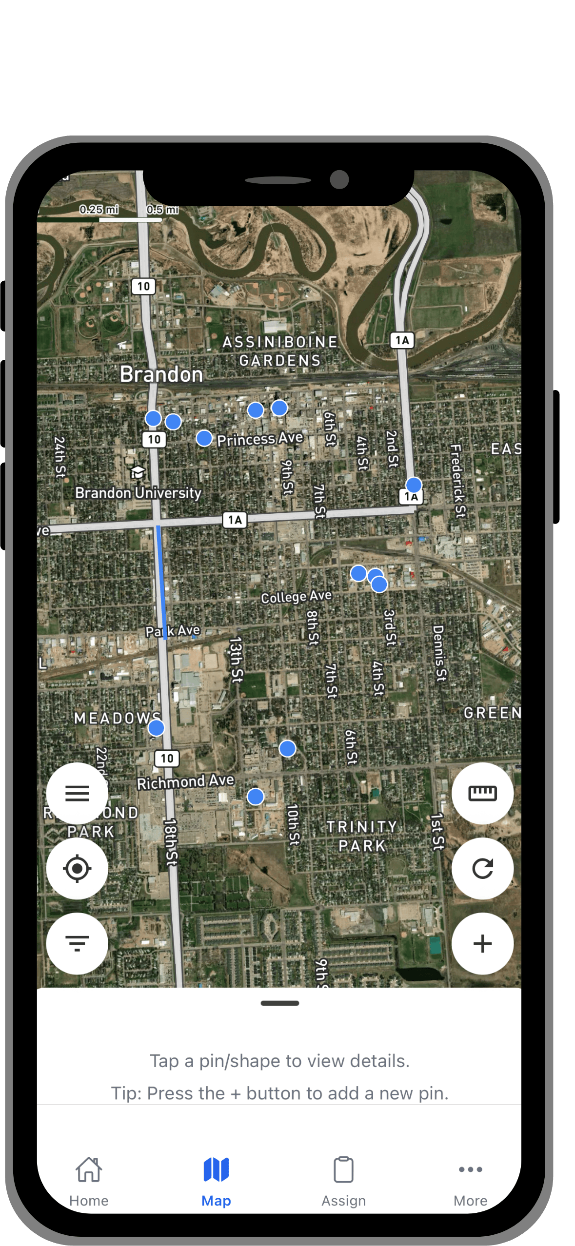 Mobile phone screen showing a satellite map of Brandon with blue pins marking locations, map controls on sides, and navigation menu at bottom.