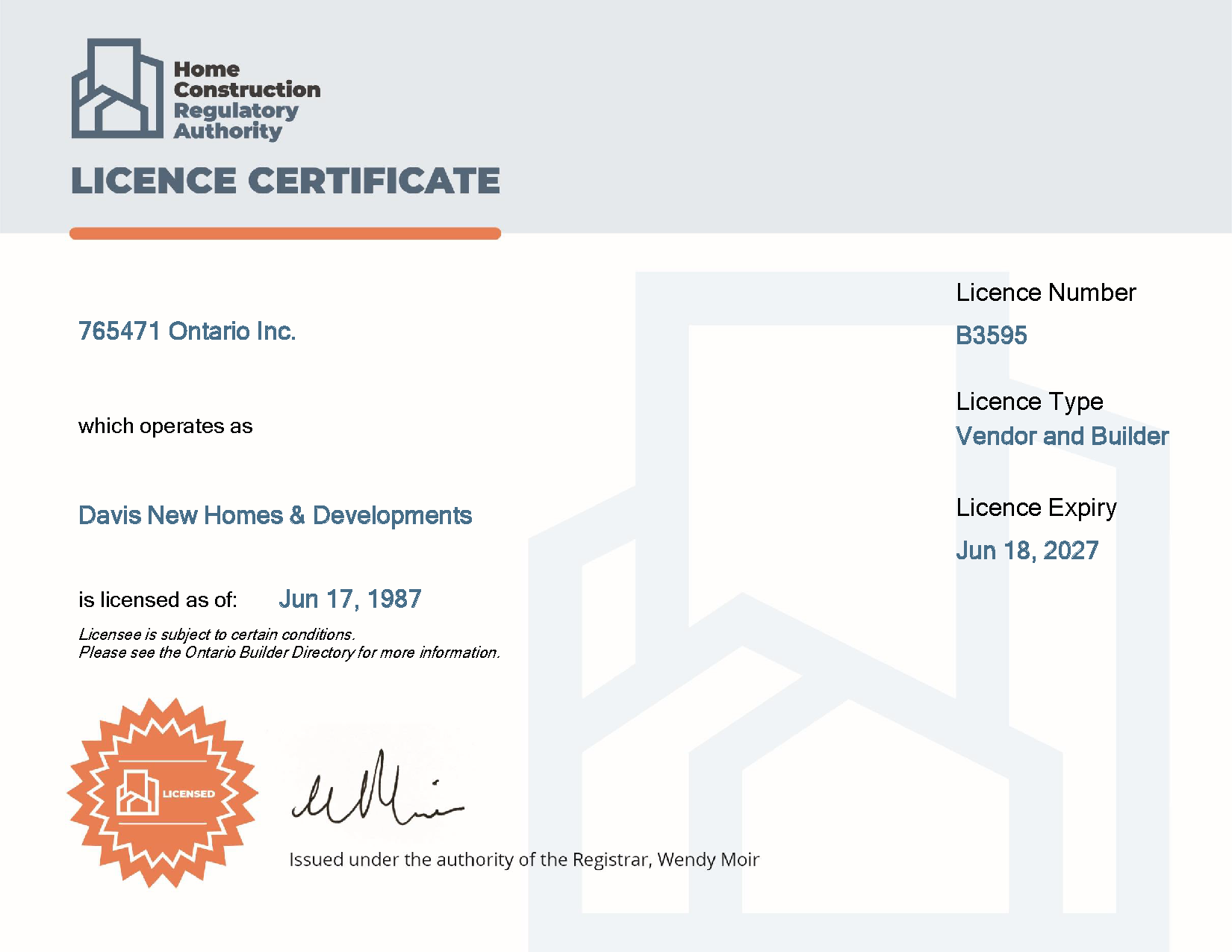 Davis New Homes Tarion builder licence certificate