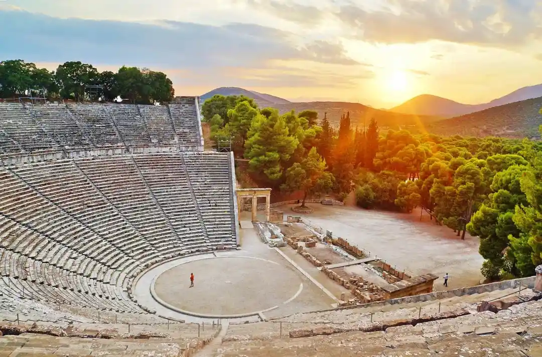 Epidavros amphitheatre overlooking Greek mountains