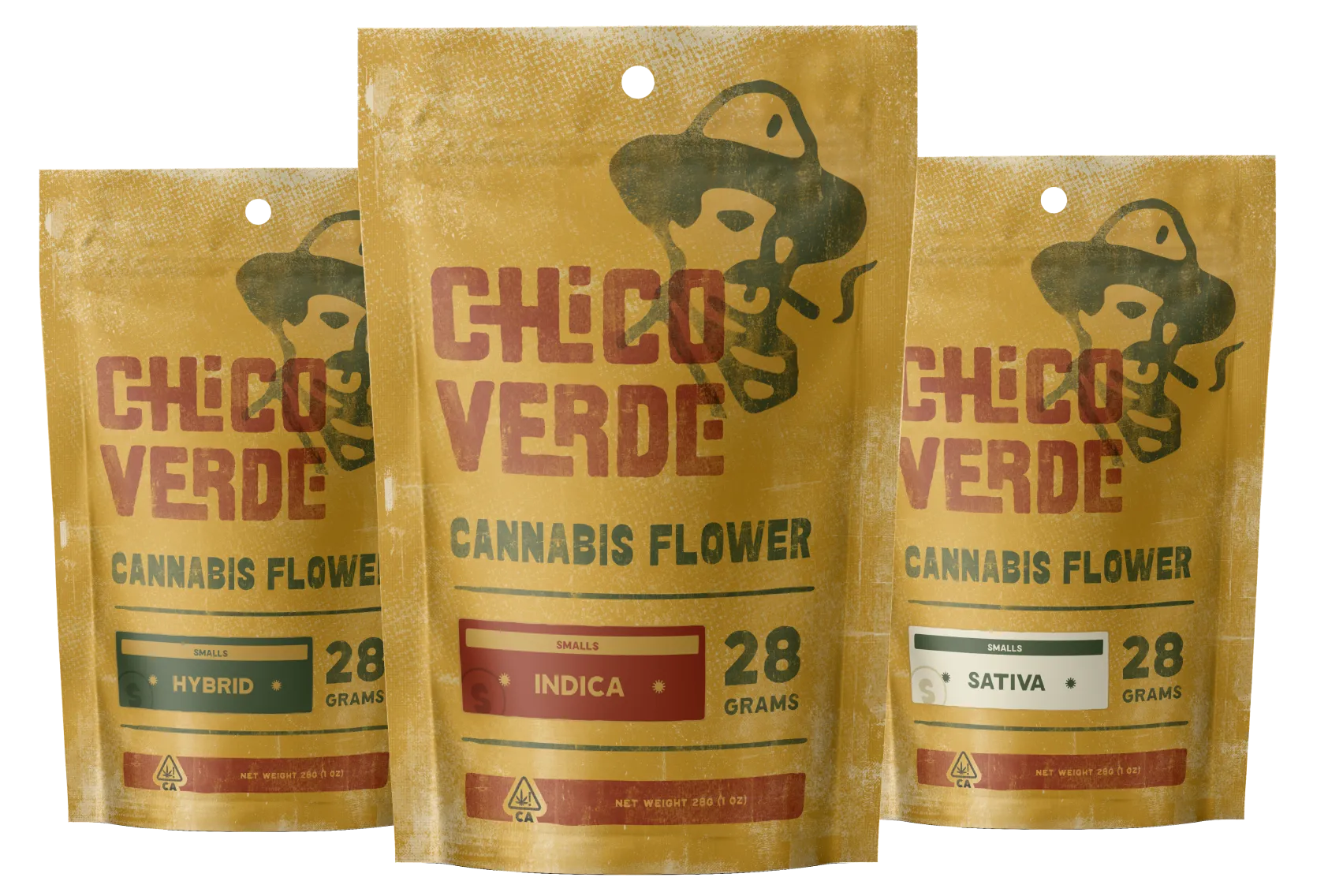 Three brown and yellow packages of Chico Verde cannabis flower labeled Hybrid, Indica, and Sativa, each weighing 28 grams.